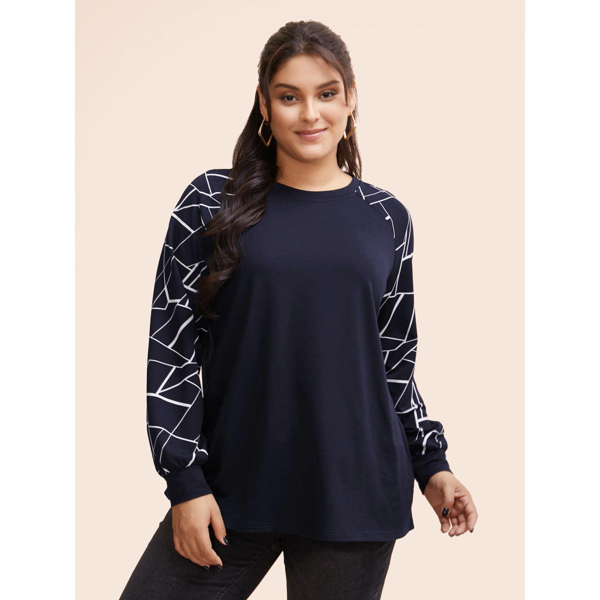 Plus Size Geometric Round Neck Raglan Sleeve Sweatshirt Women DarkBlue Casual Elastic cuffs Round Neck Dailywear Sweatshirts BloomChic 30/6X Product Image