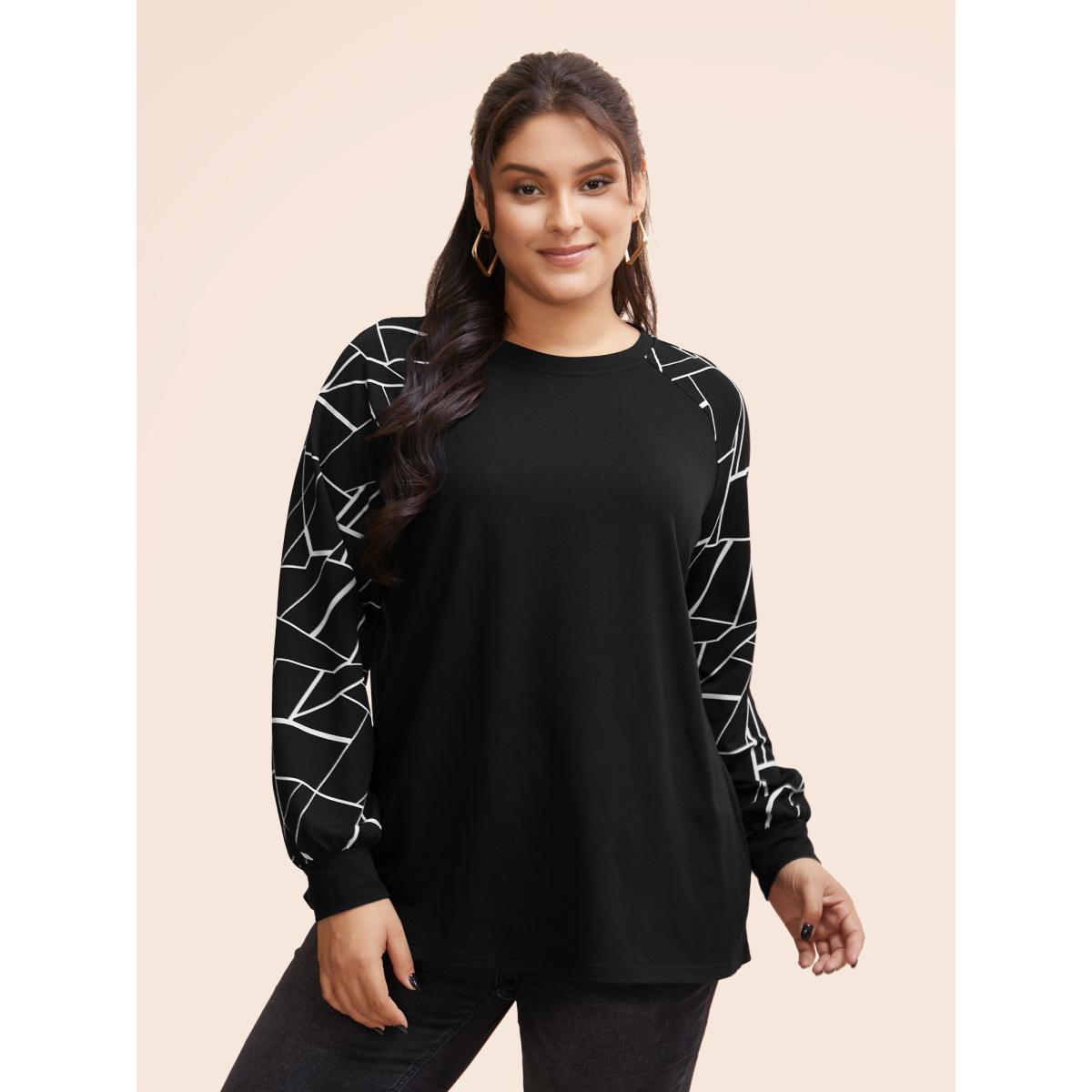 Plus Size Geometric Round Neck Raglan Sleeve Sweatshirt Women Black Casual Elastic cuffs Round Neck Dailywear Sweatshirts BloomChic 22-24/3X Product Image