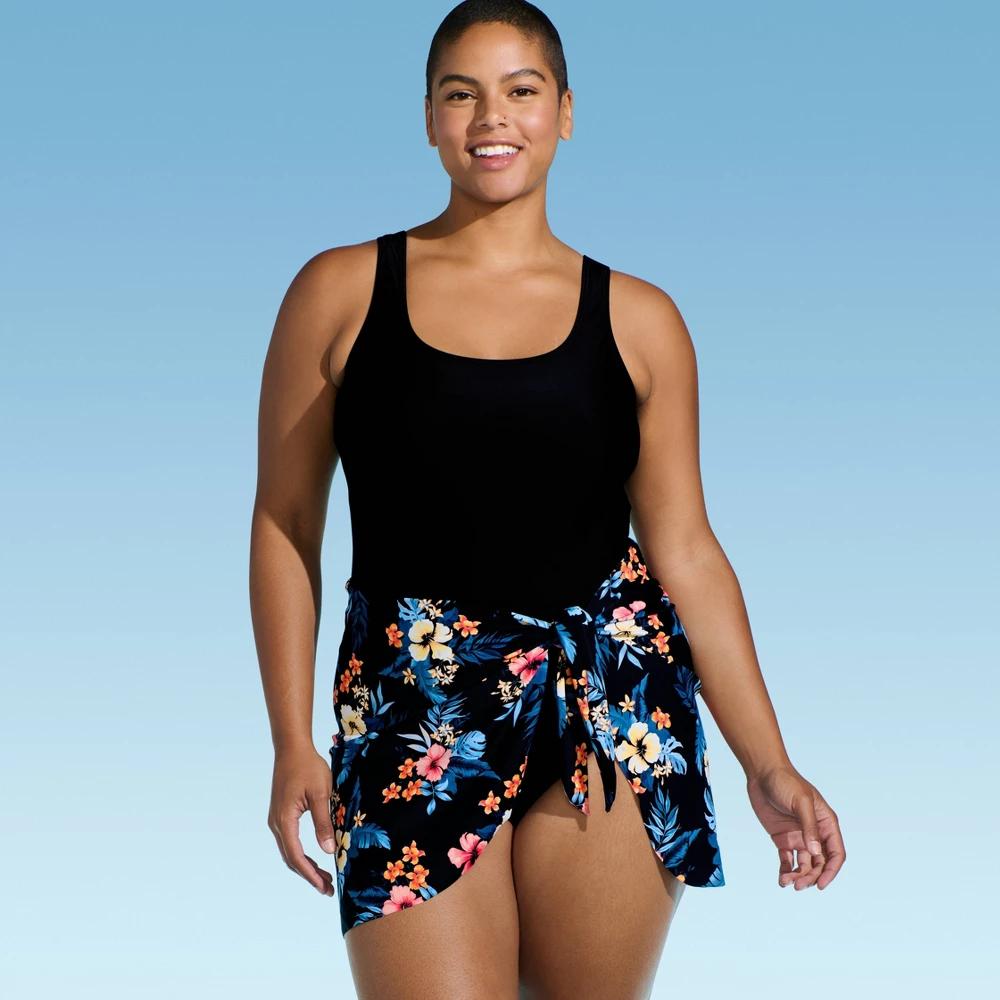 Lands' End Women's One Piece Swimsuit with Faux Pareo - Black 2X: Botanical Floral, UPF 50+, Sewn in Cup Product Image