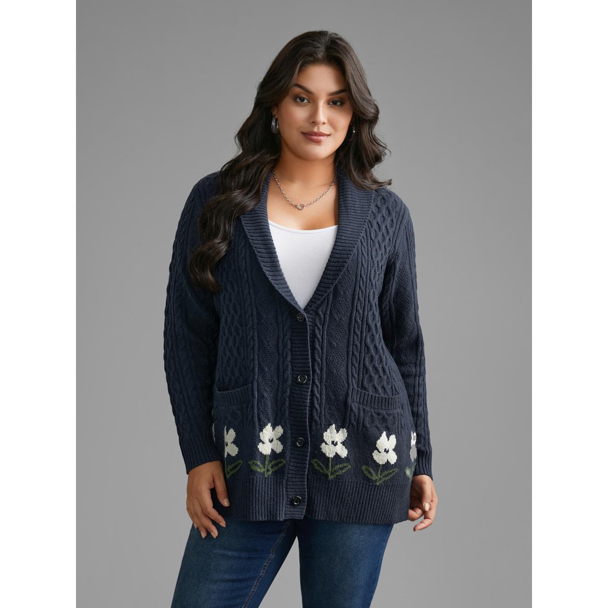 Plus Size Floral Jacquard Cable Knit Pocket Cardigan Indigo Women Casual Loose Long Sleeve Everyday Cardigans BloomChic 14-16/1X Product Image