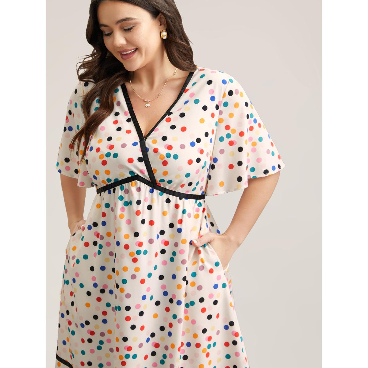 Plus Size Multi-Color Polka Dots Lined Tiered Midi Dress Originalwhite Women Elegant Gathered Overlap Collar Half Sleeve Curvy BloomChic 30/6X Product Image