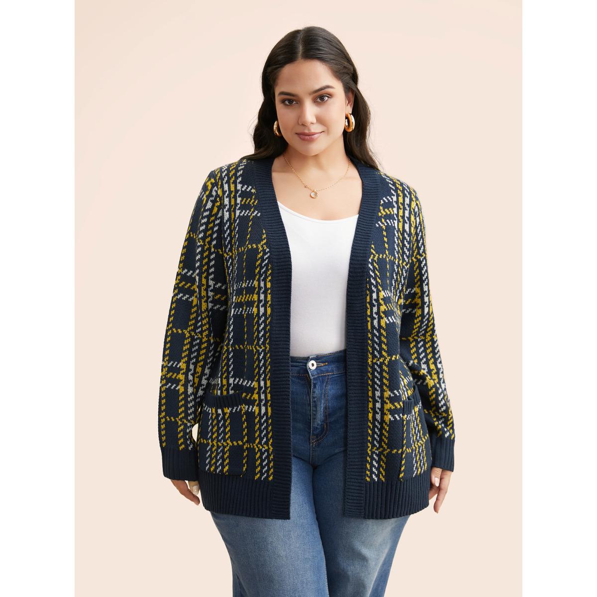 Plus Size Kimono Collar Plaid Pocket Cardigan Indigo Women Casual Loose Long Sleeve Everyday Cardigans BloomChic 14-16/1X Product Image