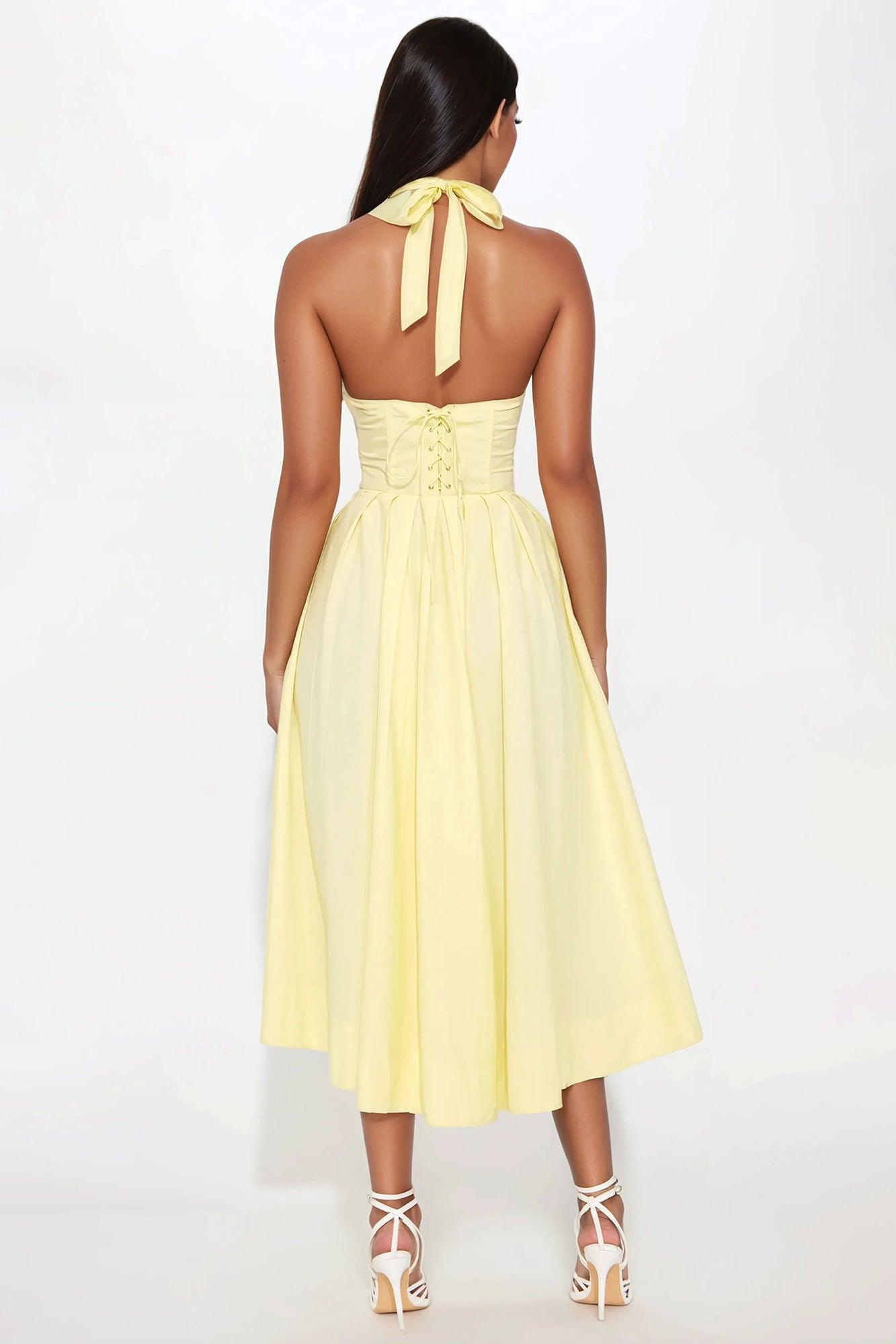 Claudine Floral Corset Midi Dress - Butter Yellow Product Image