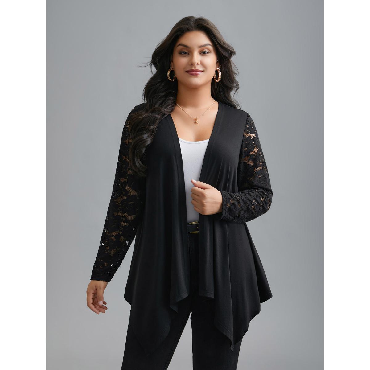 Plus Size Crochet Lace Mesh Asymmetrical Trim Cardigan Women Black Elegant See through Loose Everyday Kimonos BloomChic 12/L Product Image