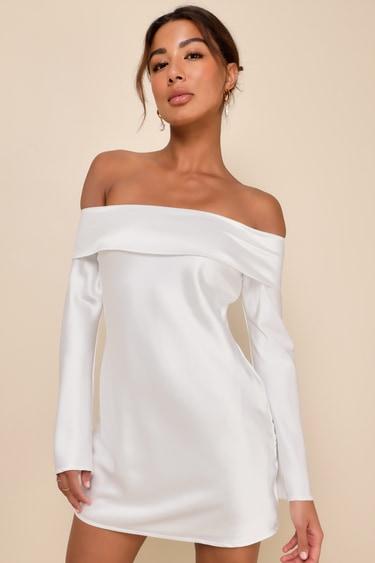 Luxurious Vision White Satin Off-the-Shoulder Mini Dress Product Image