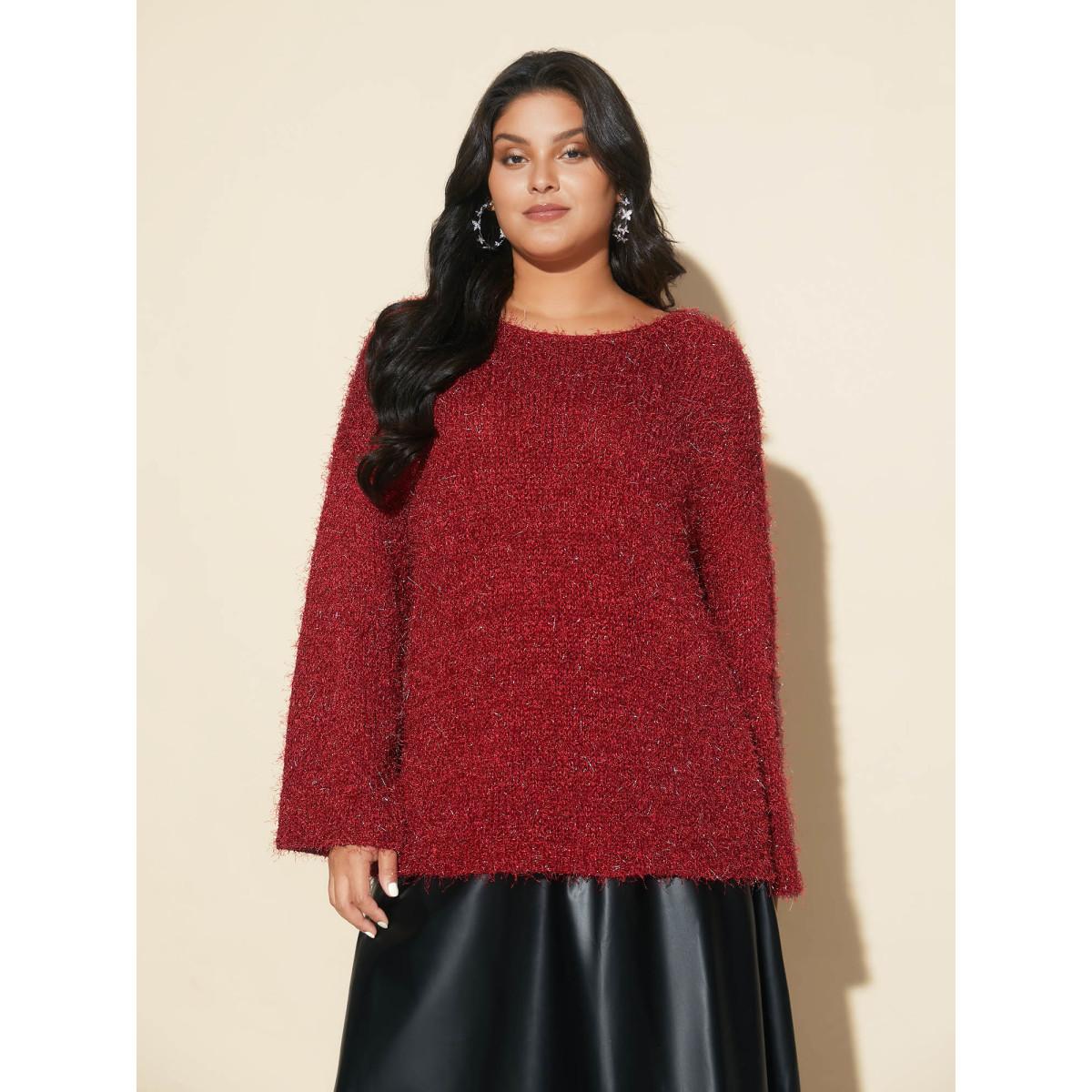 Plus Size Drop Shoulder Long Hair Yarn Pullover Scarlet Women Casual Loose Long Sleeve Round Neck Everyday Pullovers BloomChic 12/L Product Image