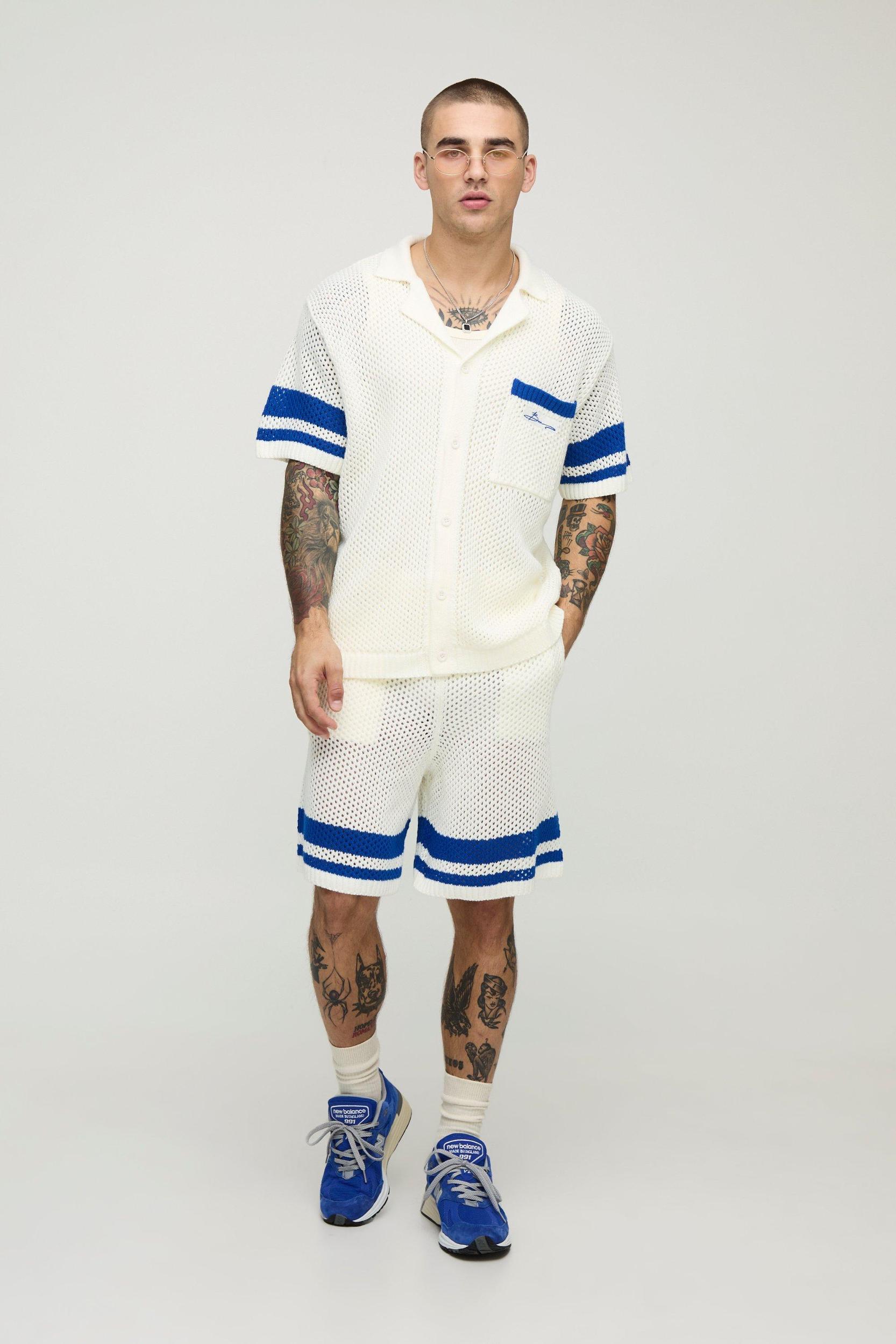 Boxy Fit Open Stitch Stripe Knitted Shirt | boohooMAN USA Product Image
