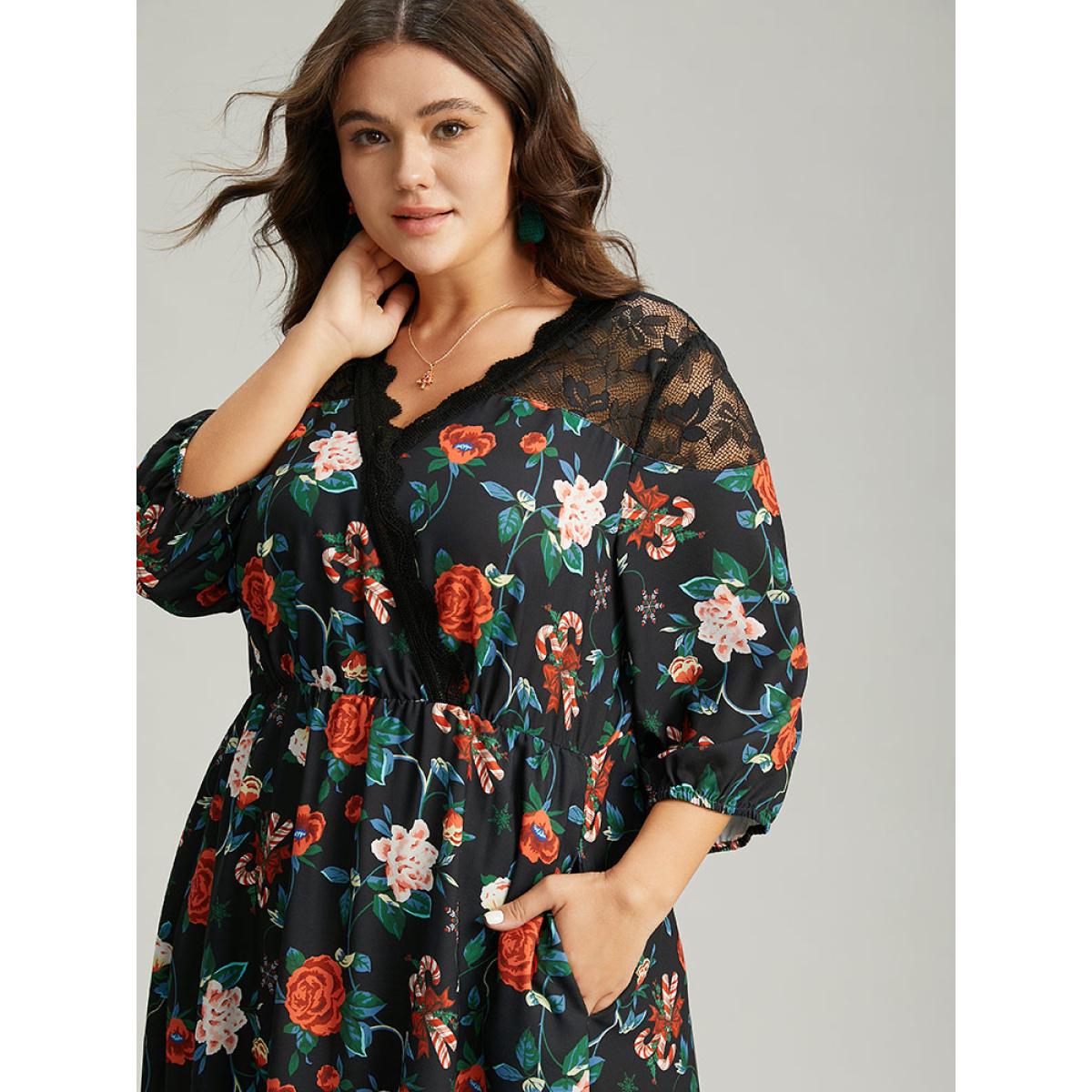 Plus Size Floral Crochet Lace Mesh Overlap Collar Dress Black Women Office Elastic cuffs Overlap Collar Elbow-length sleeve Curvy Midi Dress BloomChic 14-16/1X Product Image