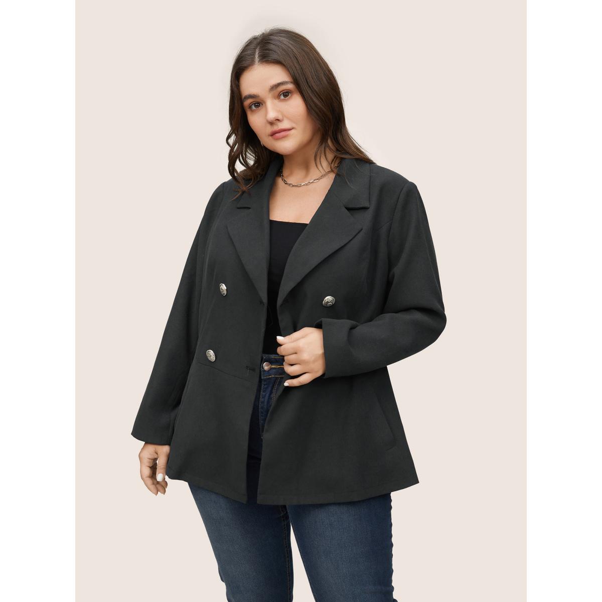 Plus Size Suit Collar Double Breasted Metal Detail Blazer Midnight Women Office Plain Non Sleeve Long Sleeve Suit Collar 28/5X Slanted pocket At the Office Blazers BloomChic Product Image
