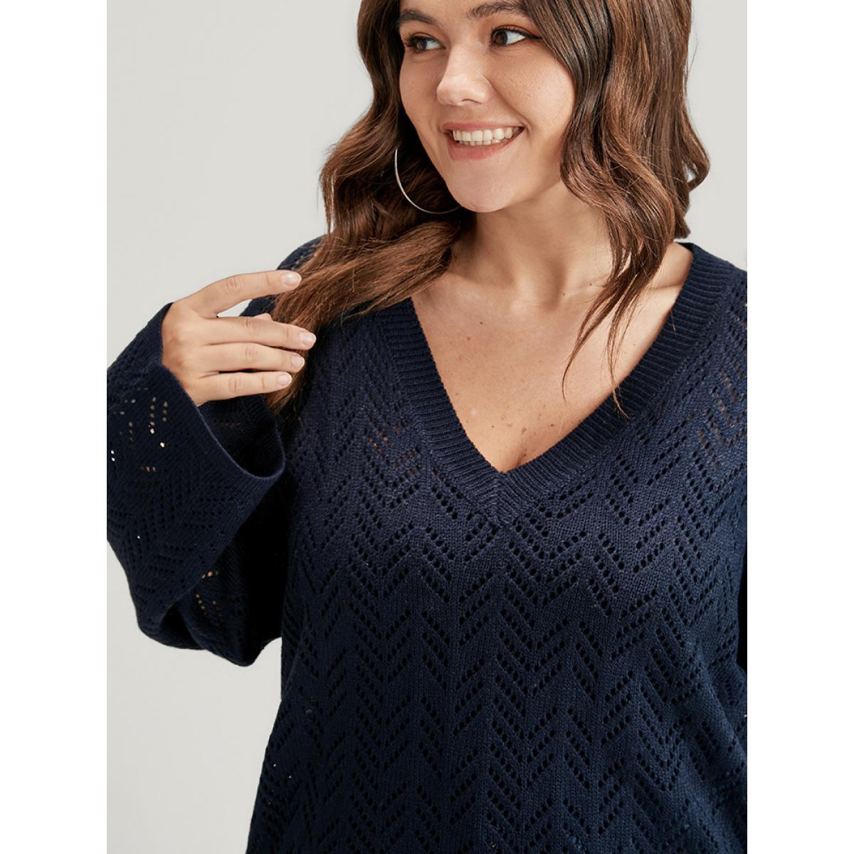 Plus Size Geometric Pointelle Knit V Neck Eyelet Knit Top Indigo Women Casual Loose Long Sleeve V-neck Dailywear Pullovers BloomChic 28/5X Product Image