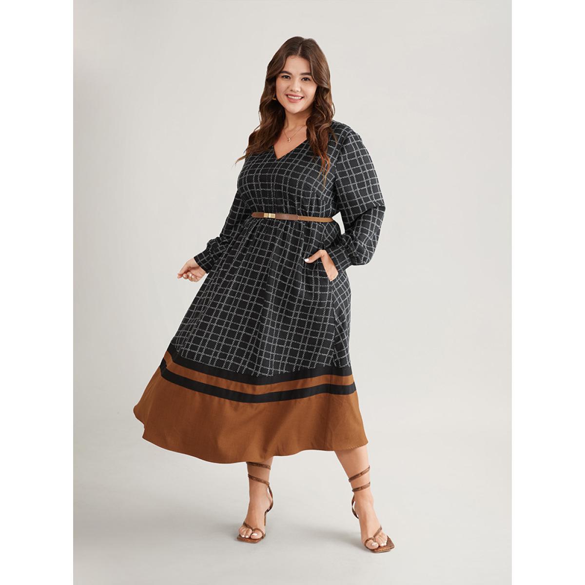 Plus Size Gingham Gingham Patchwork Pocket Gathered Dress Black Women Office Contrast V-neck Long Sleeve Curvy Midi Dress BloomChic 14-16/1X Product Image