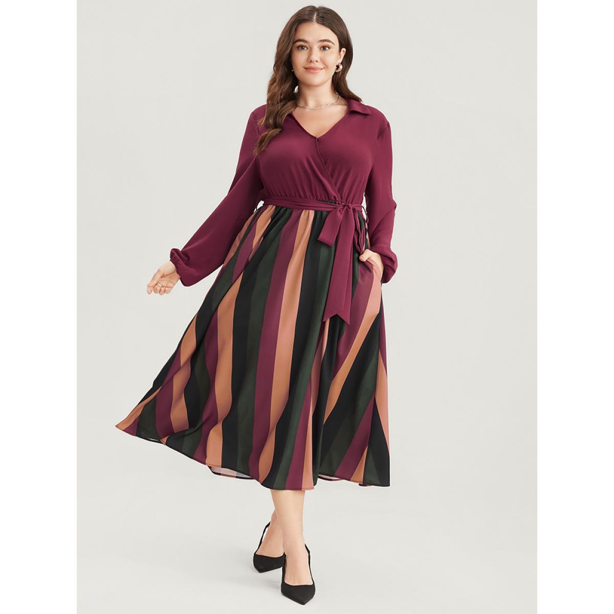 Plus Size Solid Patchwork Wrap Pocket Lantern Sleeve Belted Striped Dress Multicolor Women Office Patchwork V-neck Long Sleeve Curvy Midi Dress BloomChic 10/M Product Image