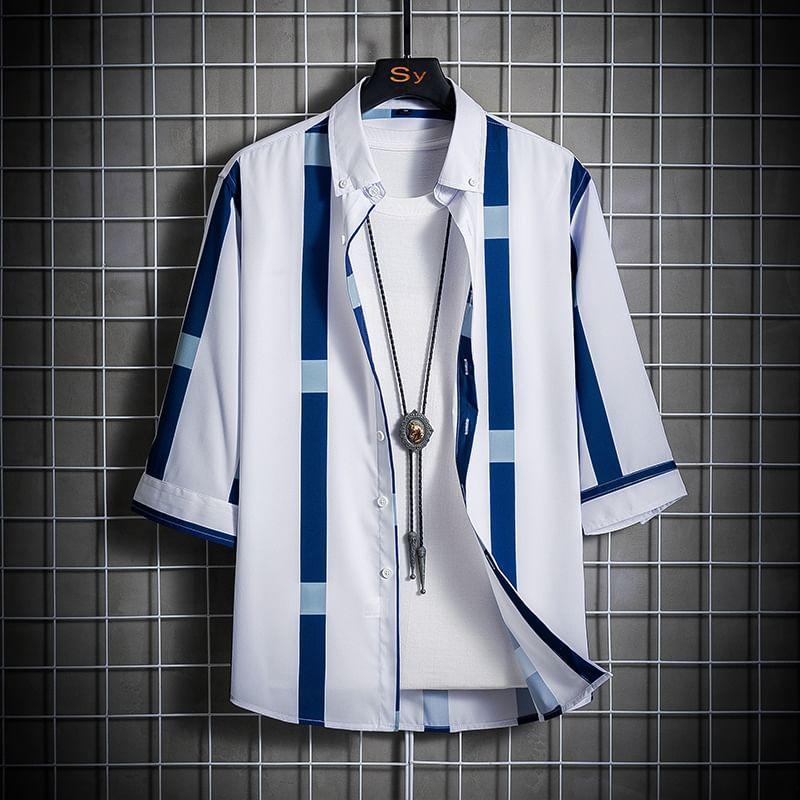Elbow Sleeve Collared Striped Shirt Product Image