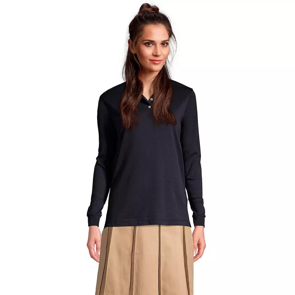 Women's Lands' End School Uniform Long Sleeve 3-Button Interlock Polo Shirt,  Product Image