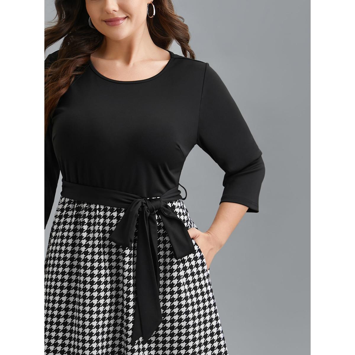 Plus Size Color-Block Belted Fit & Flare Midi Dress Black Women Casual Belted Knit Dresses Bloomchic 28/5X Product Image