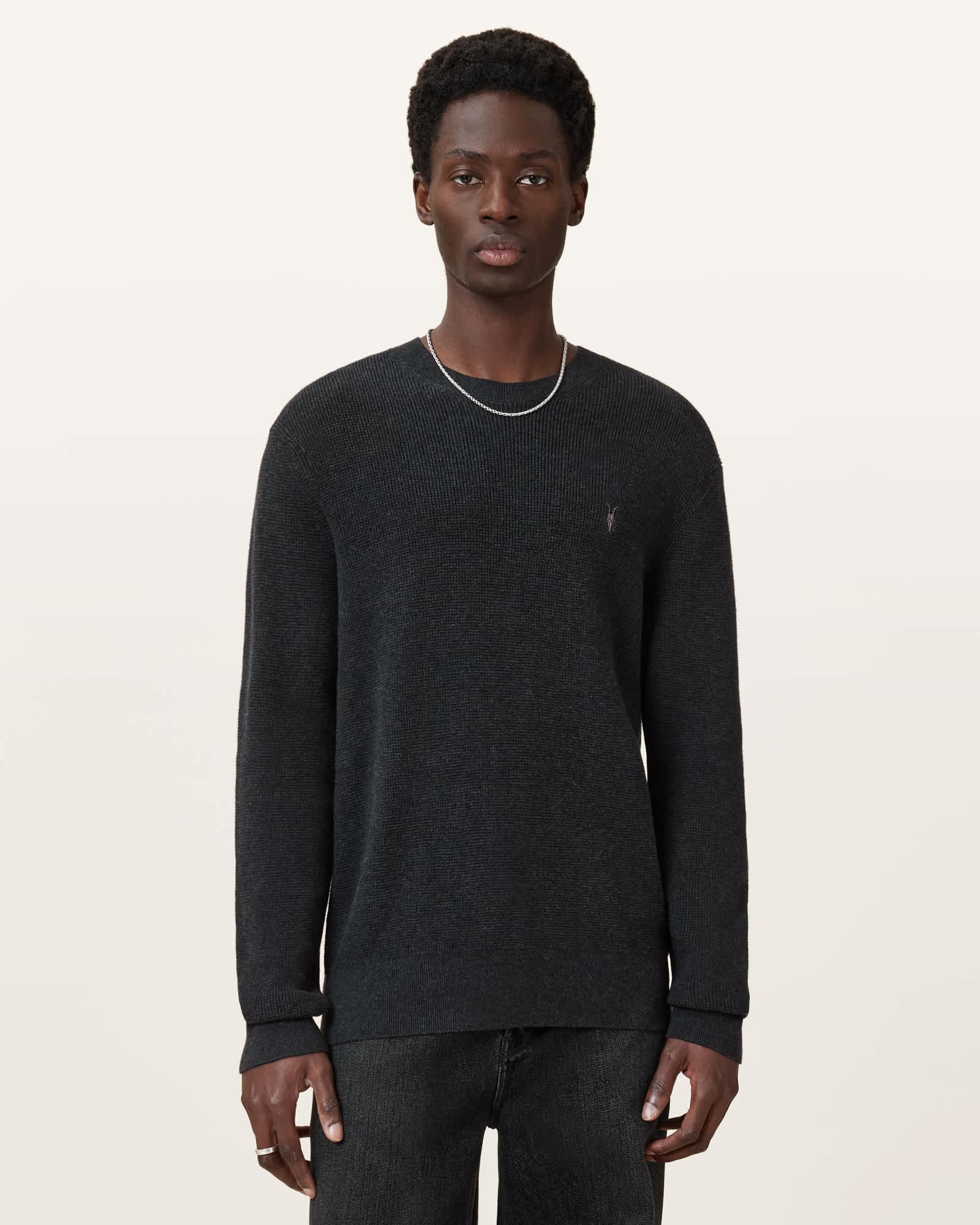 Aspen Waffle Texture Crew Neck Ramskull Sweater Cinder Black | ALLSAINTS US Product Image
