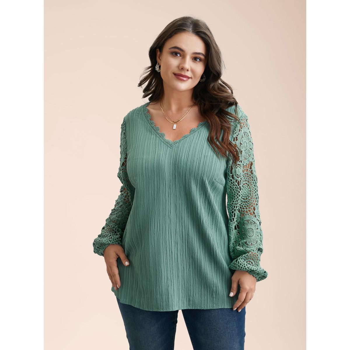 Plus Size Greenbean Scalloped Lace Textured Sheer Sleeve Blouse Women Timeless Extra Long Sleeve V-neck Elegant Blouses BloomChic 22-24/3X Product Image