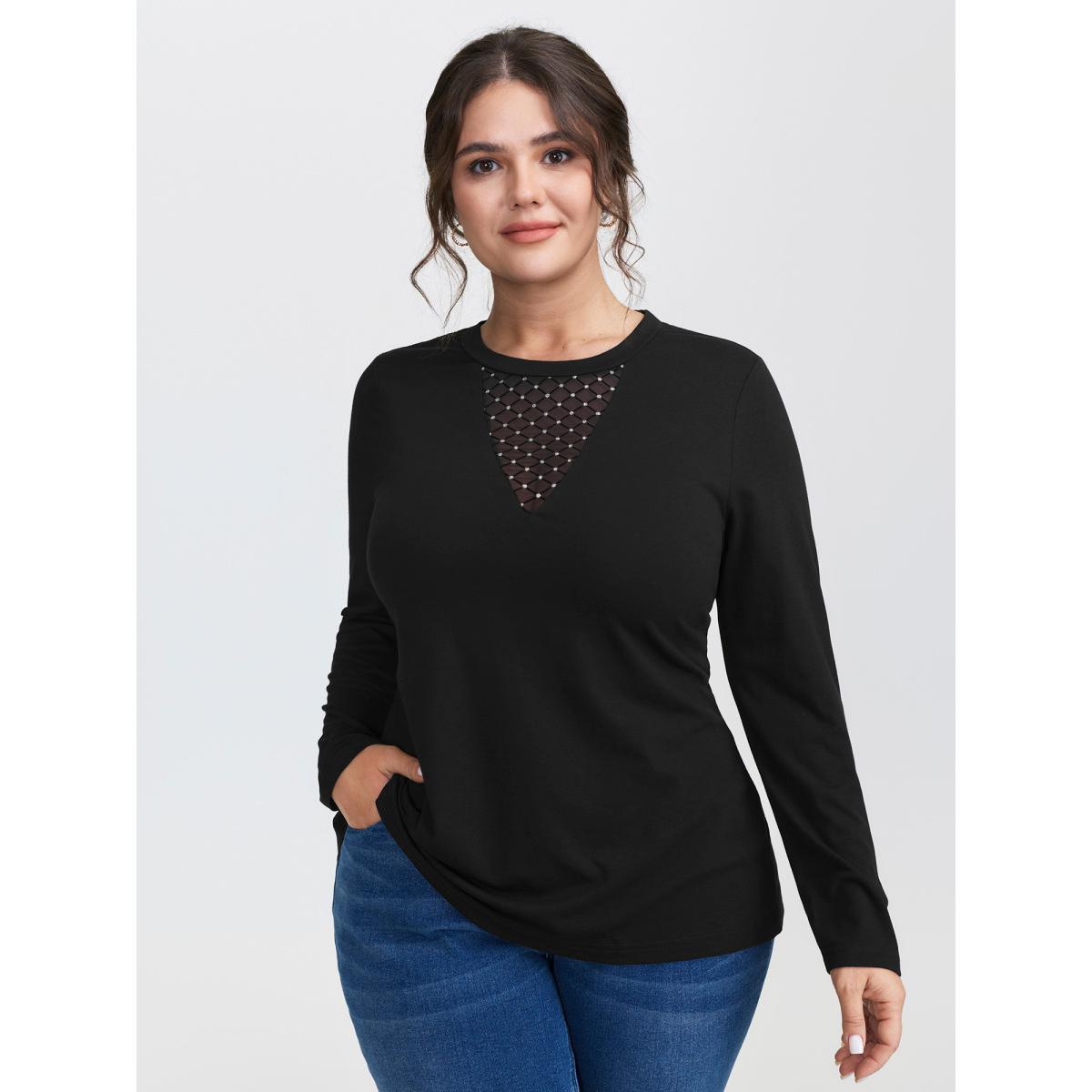Plus Size Sheer Mesh Sequin Fitted T-Shirt Black Women Timeless Round Neck Bodycon Elegant T-shirts BloomChic 28/5X Product Image