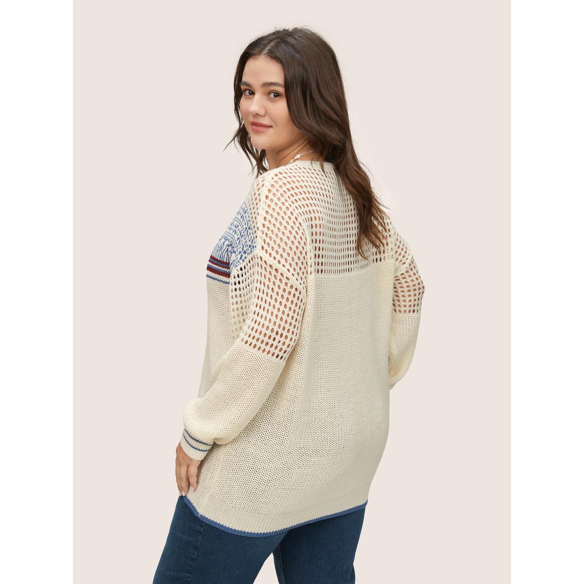 Plus Size Graphic Contrast Patchwork Hollow Out Pullover Beige Women Casual Long Sleeve Round Neck Everyday Pullovers BloomChic 12/L Product Image