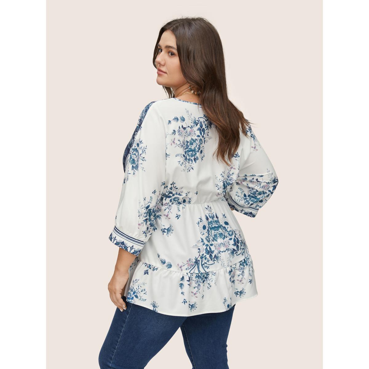 Plus Size Stone Boho Print Elastic Waist Ties Gathered Blouse Women Resort Elbow-length sleeve V-neck Vacation Blouses BloomChic 30/6X Product Image