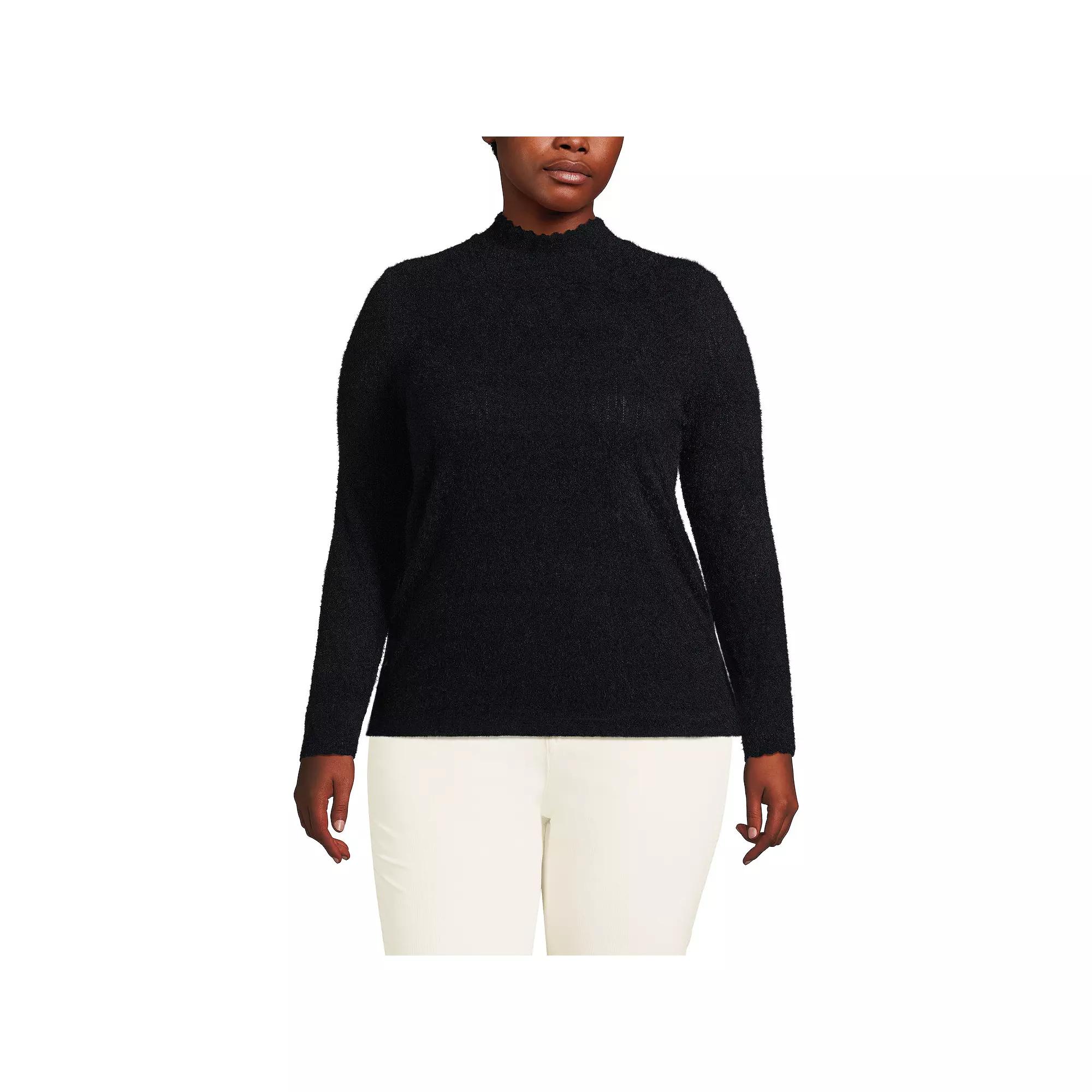 Plus Size Lands' End Long Sleeve Brushed Lace Mockneck Top, Women's, Size: 2XL, Black Product Image