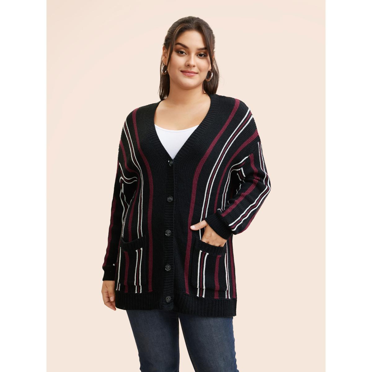 Plus Size Striped Patched Pocket Drop Shoulder Cardigan Black Women Casual Long Sleeve Everyday Cardigans BloomChic 30/6X Product Image