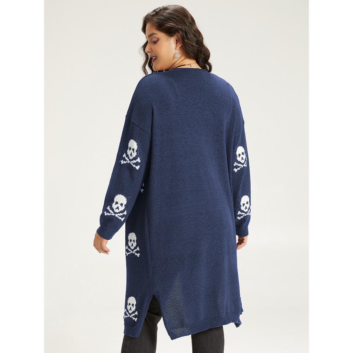 Plus Size Halloween Skull Print Split Side Drop Shoulder Maxi Cardigan Indigo Women Casual Loose Long Sleeve Festival-Halloween Cardigans BloomChic 22-24/3X Product Image