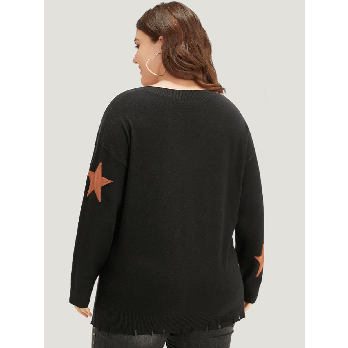 Plus Size Halloween Supersoft Essentials Star V Neck Distressed Hem Pullover Black Women Casual Loose Long Sleeve V-neck Festival-Halloween Pullovers BloomChic 28/5X Product Image