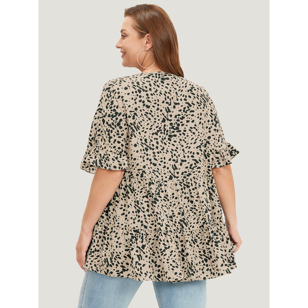 Plus Size Leopard Leopard Tiered Hem Notched Ruffle Sleeve Blouse Women Elegant Half Sleeve Notched collar Dailywear Blouses BloomChic 26/4X Product Image