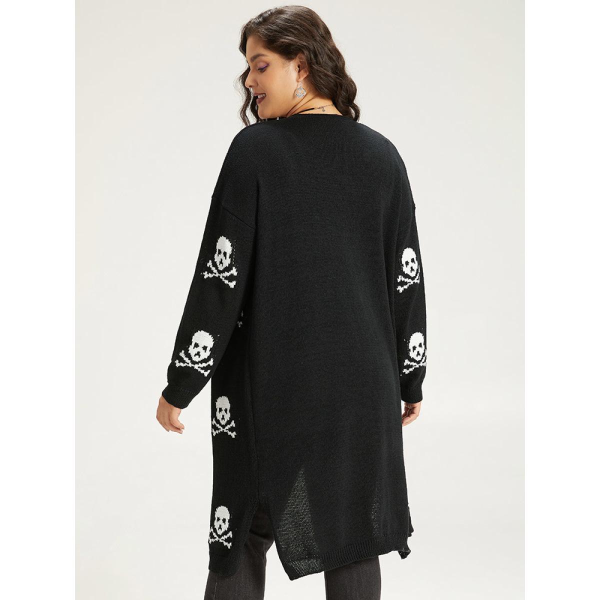 Plus Size Halloween Skull Print Split Side Drop Shoulder Maxi Cardigan Black Women Casual Loose Long Sleeve Festival-Halloween Cardigans BloomChic 26/4X Product Image