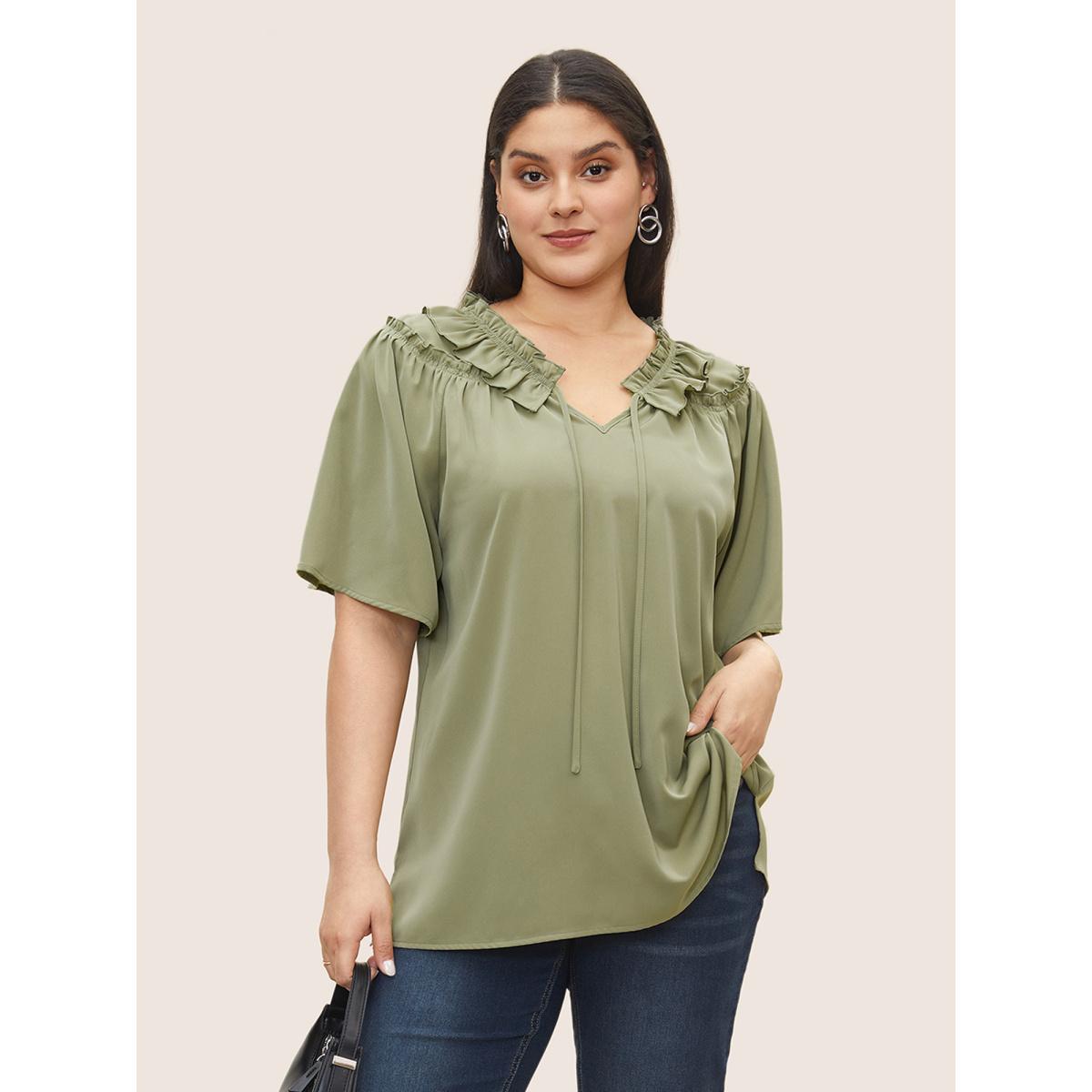 Plus Size Sage Plain Frill Trim Gathered Ruffle Sleeve Blouse Women At the Office Short sleeve V-neck Office Blouses BloomChic 22-24/3X Product Image