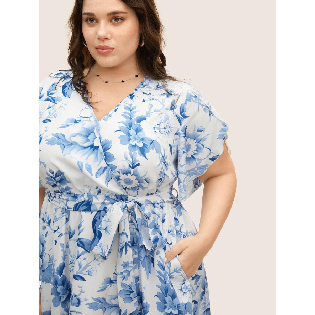 Plus Size Floral Wrap Petal Sleeve Belted Dress Originalwhite Women Elegant Belted Overlap Collar Half Sleeve Curvy BloomChic 28/5X Product Image
