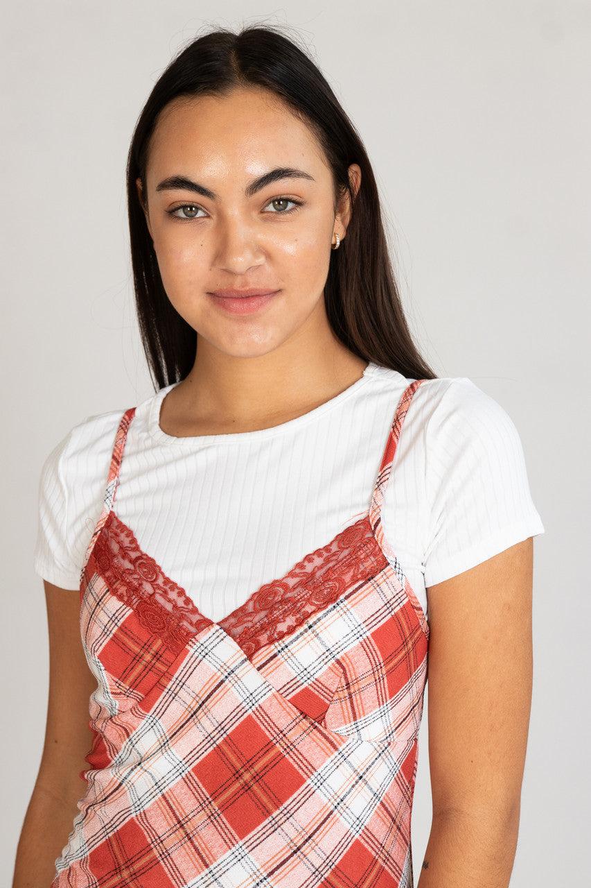 Plaid Cami Mini Dress With Tee Product Image