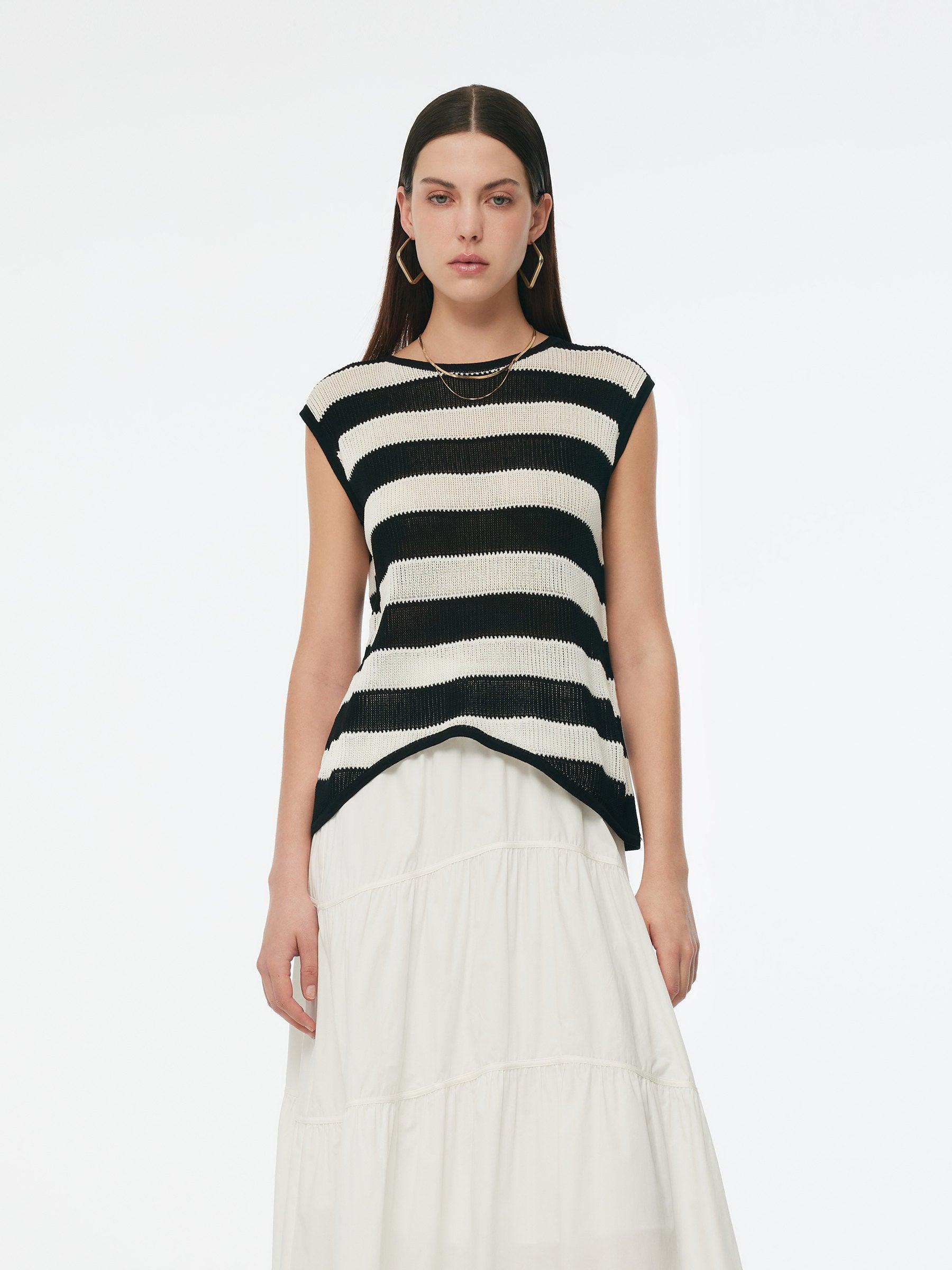 Tencel Blend Stripe Curved Hem Women Knit Tank Top Product Image