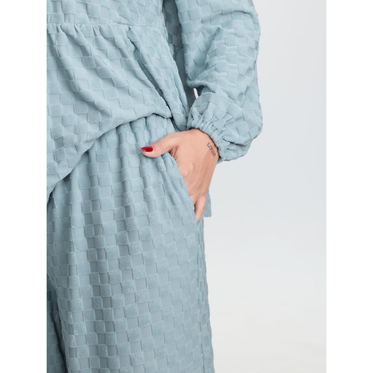 Plus Size Checkered Textured Co-ord Lounge Set Women LightBlue Tie knot Extra Long Sleeve V-neck Leisure Loungewear Sets BloomChic 30/6X Product Image
