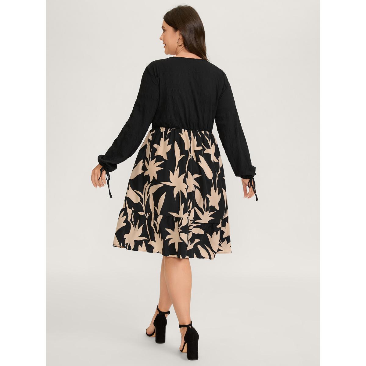 Plus Size Floral Contrast Print Pockets Midi Dress Black Women Timeless Square Neck Long Sleeve Curvy BloomChic 10/M Product Image