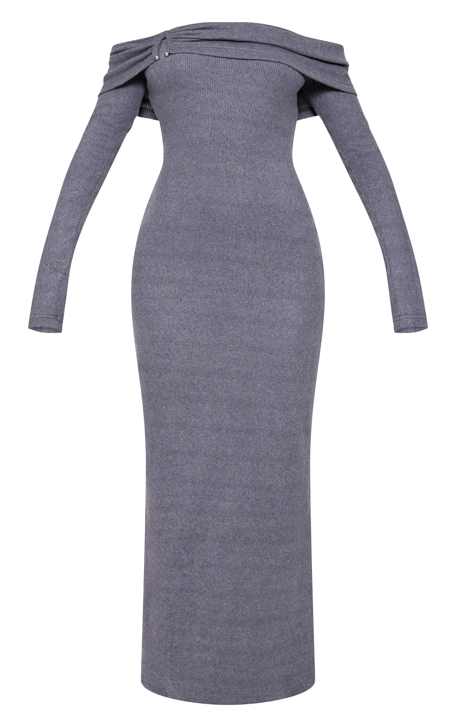 Charcoal Heavy Brushed Rib Bardot Trim Maxi Dress Product Image