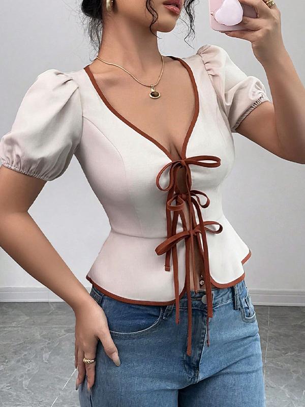 Loose Puff Sleeves Elasticity Pleated Tied V-Neck Blouses&Shirts Tops Product Image