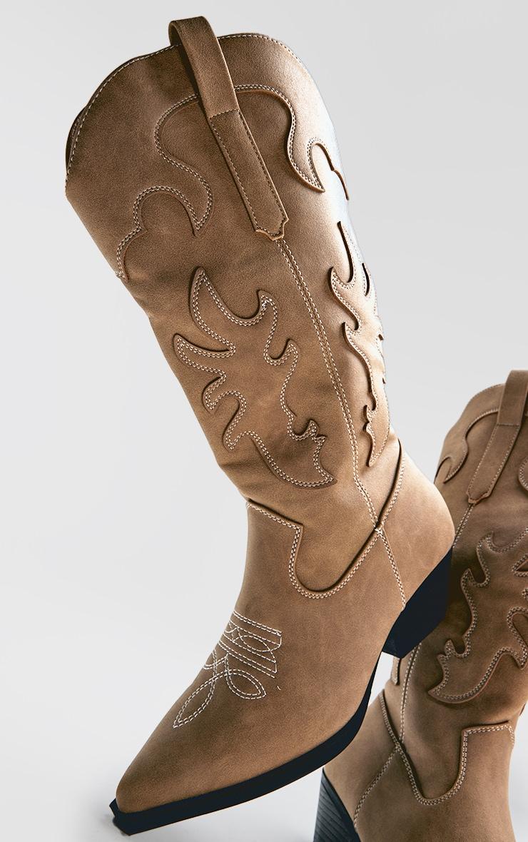 Stone Faux Suede Point Toe Low Block Heel Stitched Western Boots Product Image