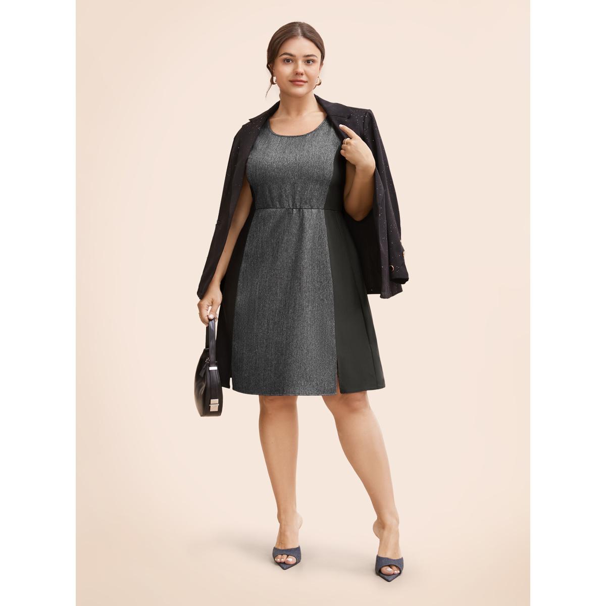 Plus Size Stretch Woven Seamed Fiited Midi Dress Black Women At the Office Contrast Round Neck Sleeveless Curvy BloomChic 28/5X Product Image
