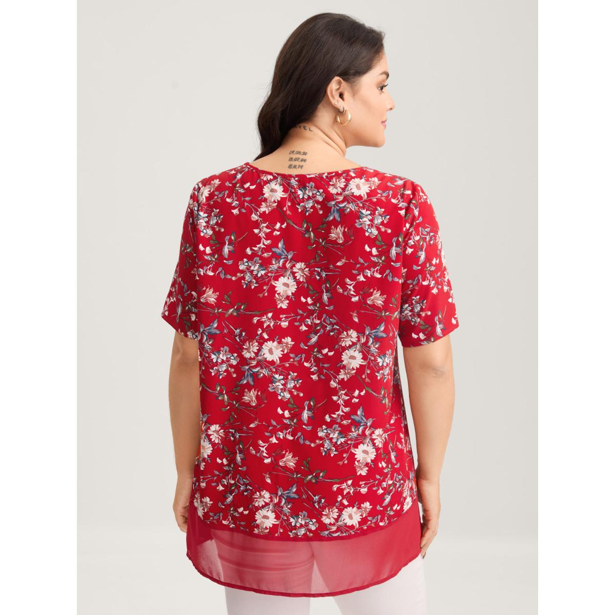 Plus Size Scarlet Garden Print Spliced V-Neck Blouse Women Romantic Short sleeve V-neck Elegant Blouses BloomChic 14-16/1X Product Image
