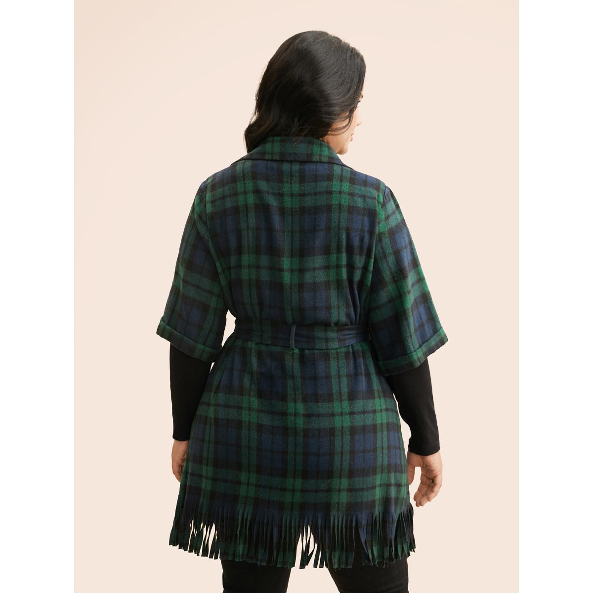 Plus Size Plaid Tassel Trim Pocket Belted Jacket Women Indigo Tassels Loose Open pocket with flap Belt Everyday Jackets BloomChic 14-16/1X Product Image