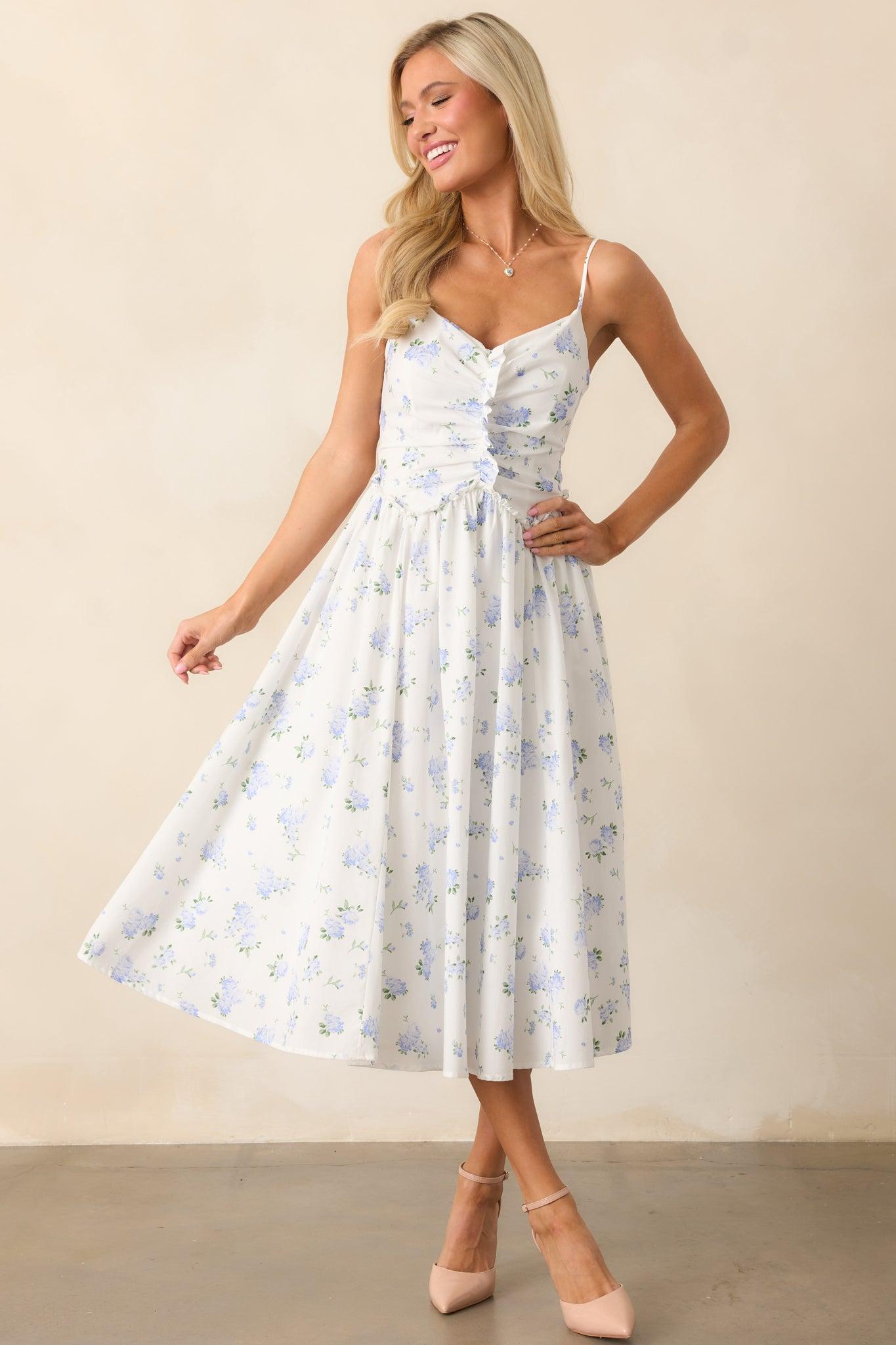 Garden Treasures Light Blue Floral Cotton Midi Dress Product Image