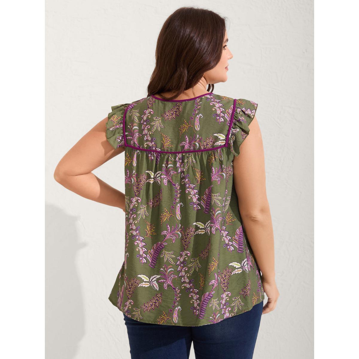 Plus Size Moss Paisley Print Color Contrast Flowy Blouse Women Boho Cap Sleeve Asymmetrical Neck Vacation Blouses BloomChic 10/M Product Image