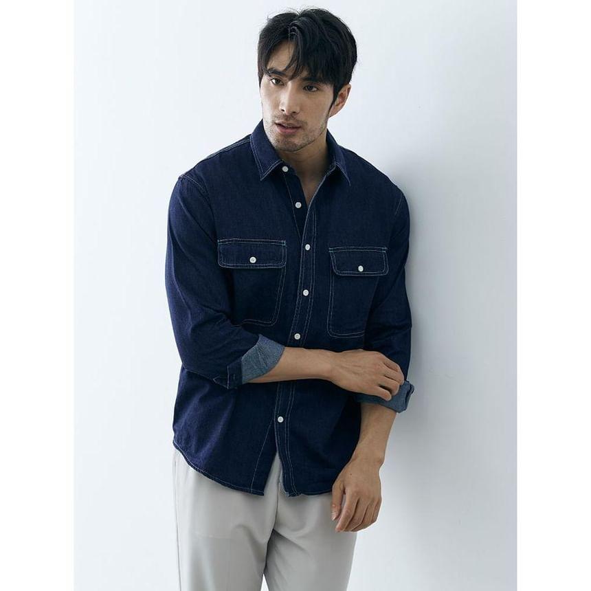 Long Sleeve Collared Denim Cargo Shirt Product Image