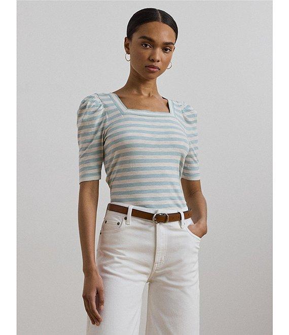 Lauren Ralph Lauren Cotton Jersey Striped Square Neck Short Puff Sleeve Top Product Image