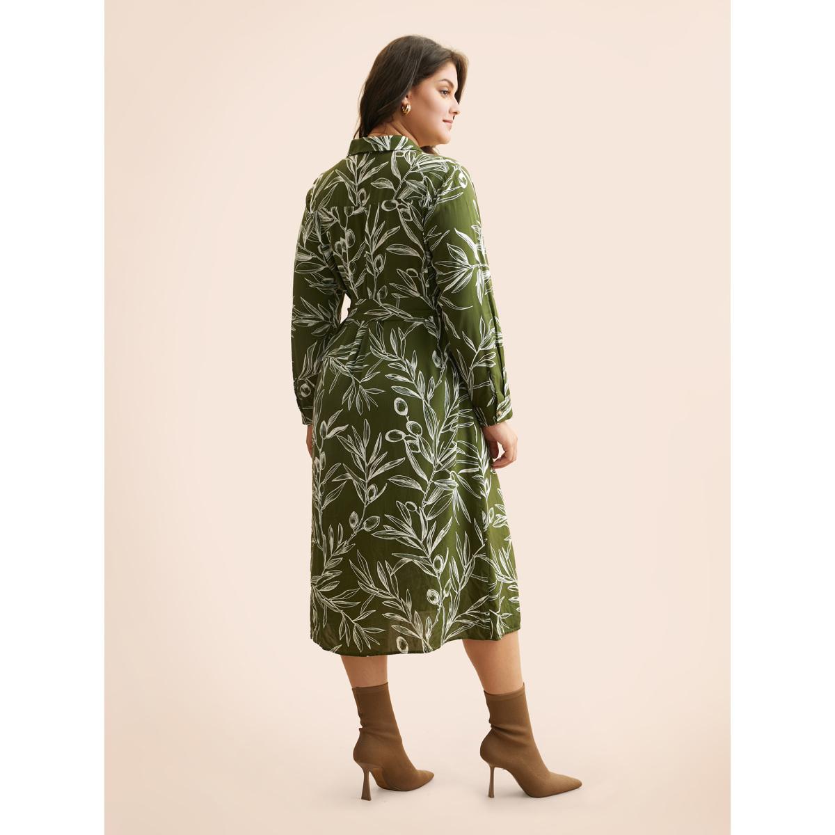 Plus Size Shirt Collar Plants Print Belted Dress Olive Women Casual Shirt collar Long Sleeve Curvy BloomChic 14-16/1X Product Image