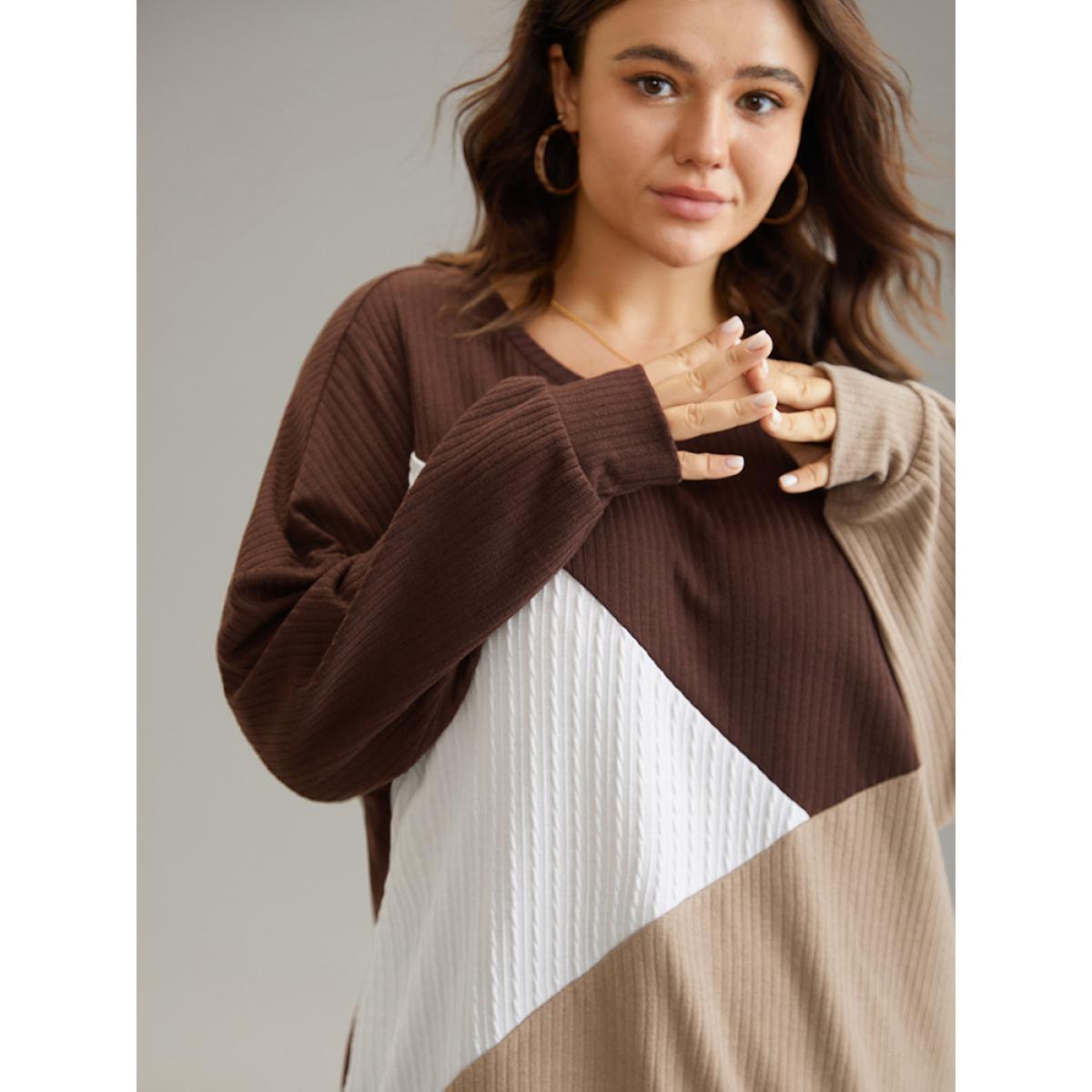 Plus Size Rib Knit Colorblock Contrast Drop Shoulder Sweatshirt Women Multicolor Casual Texture Round Neck Dailywear Sweatshirts BloomChic 10/M Product Image