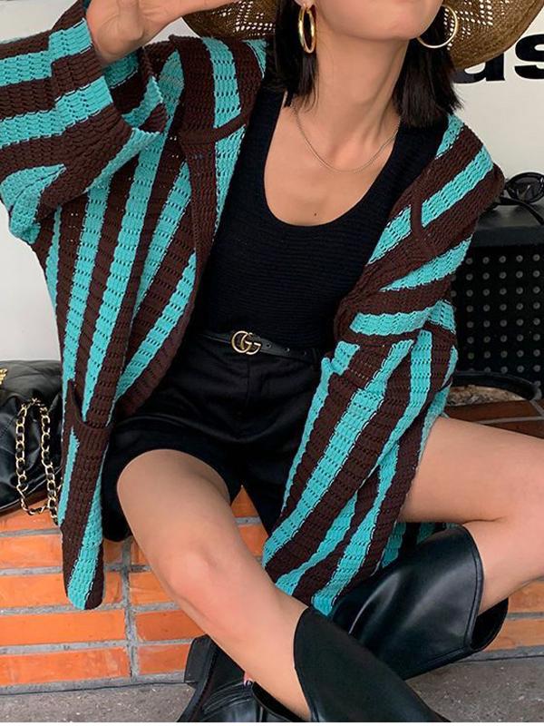 Knit Contrast Color Stripe Hooded Cardigan Product Image