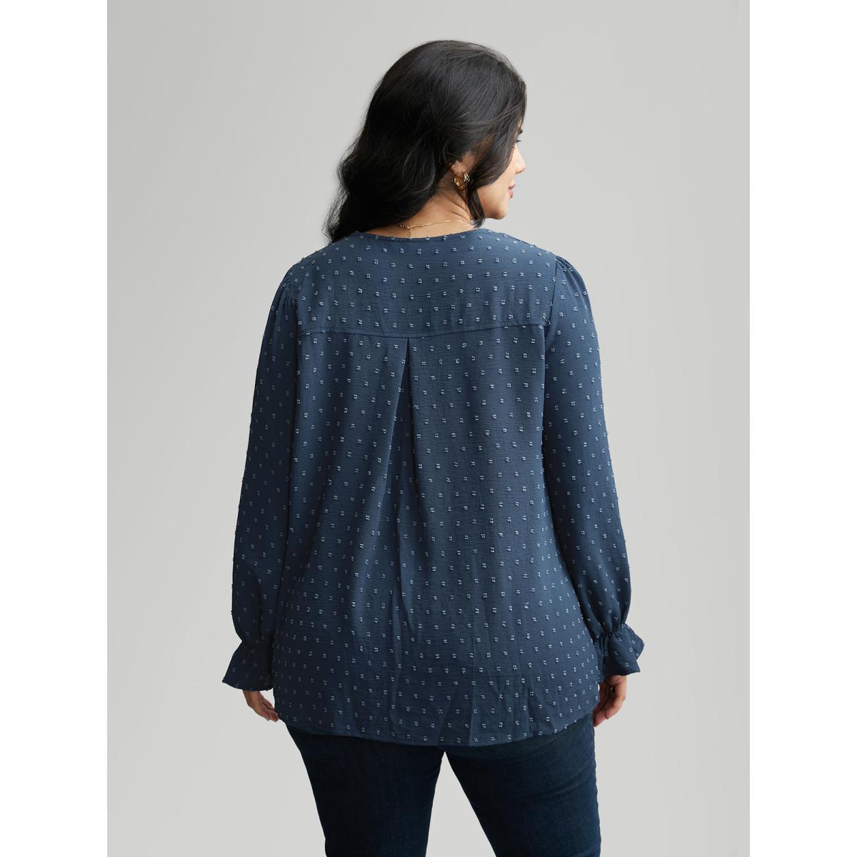 Plus Size Indigo Textured Lace Trim Patchwork Ruffles Blouse Women Timeless Long Sleeve V-neck Elegant Blouses BloomChic 18-20/2X Product Image